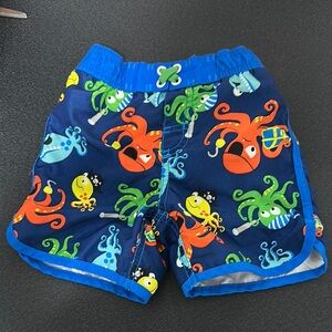 Wonderkids Blue and Orange Swim Trunks with Playful Sea Creatures